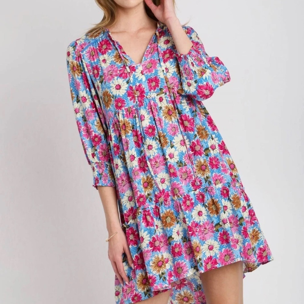 Umgee Small Babydoll Mini Dress in Pink & Blue